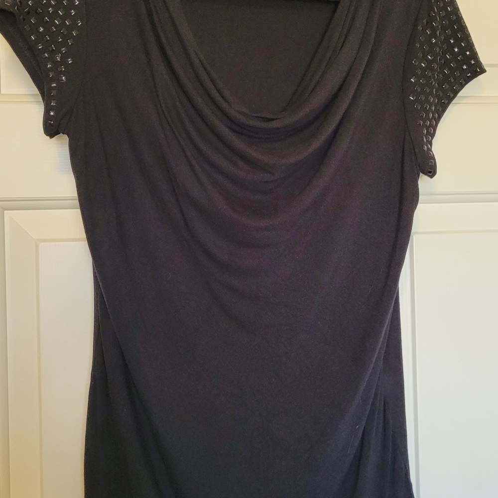 Chelsea & Theodore Black Studded Cowl Neck Tee